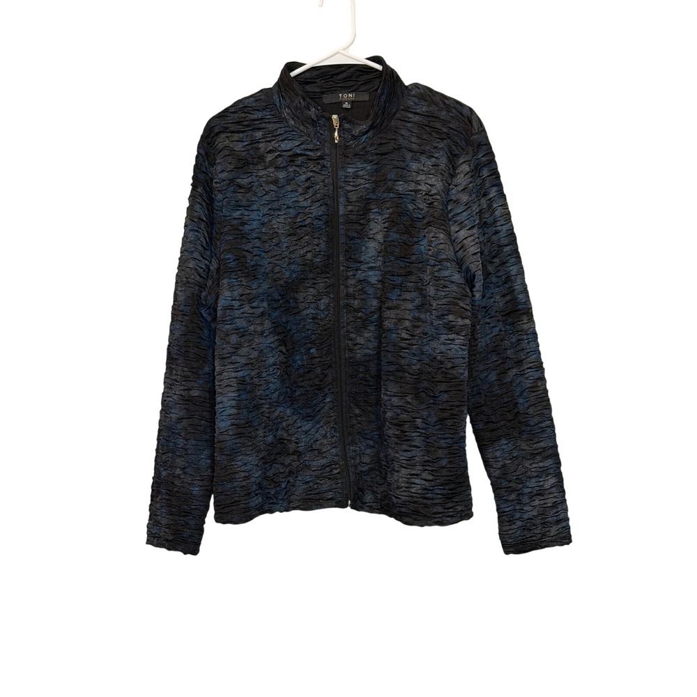 Toni Morgan Womens XL Blue Black Crinkle Texture Whimsical Artsy Full Zip Jacket